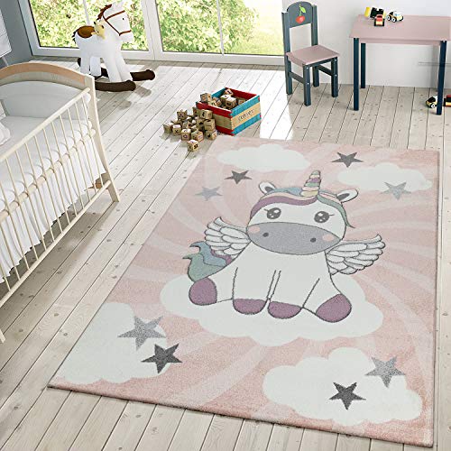 TT Home Kinderteppich Mädchen Spielteppich Niedliches Einhorn Wolken In Rosa Weiß Lila, Größe:140x200 cm von TT Home