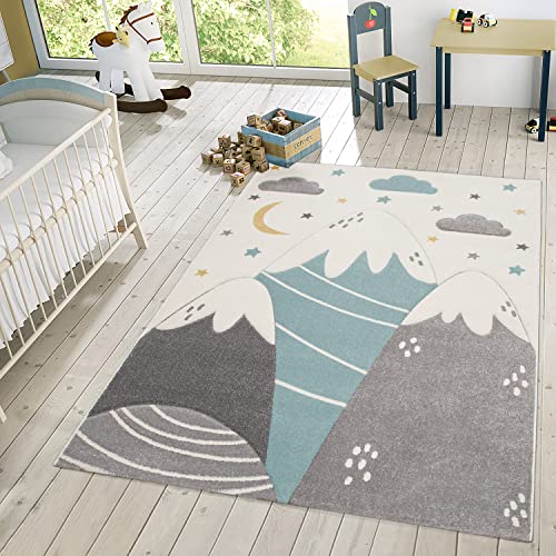 Kinderzimmerteppich Junge Mädchen Kinderteppich Wolken 3D Optik Sterne Berge, Farbe:Creme, Größe:80x150 cm Kinderzimmerteppich Junge Mädchen Kinderteppich Wolken 3D Optik Sterne Berge, Farbe:Creme, Größe:80x150 cm von TT Home