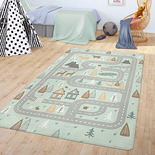 TT Home Teppich Kinderzimmer Kinderteppich Babymatte Straßen Motiv Tiere Wald Haus Junge, Farbe:Türkis, Größe:120x160 cm von TT Home