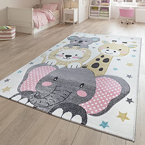 TT Home Teppich Kinderzimmer Kinderteppich Sterne Tier Design Kurzflor Löwe Elefant, Farbe: Grau Gelb Creme, Größe:120 cm Rund von TT Home