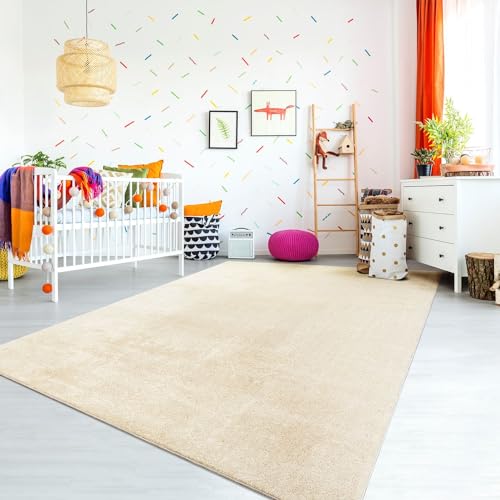 TT Home Teppich Kinderzimmer Waschbar rutschfest Kinderteppich Junge Mädchen Weich Pastell, Farbe: Creme, Größe:100x200 cm von TT Home