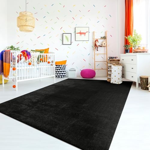 TT Home Teppich Kinderzimmer Waschbar rutschfest Kinderteppich Junge Mädchen Weich Pastell, Farbe:Schwarz, Größe:160 cm Rund von TT Home