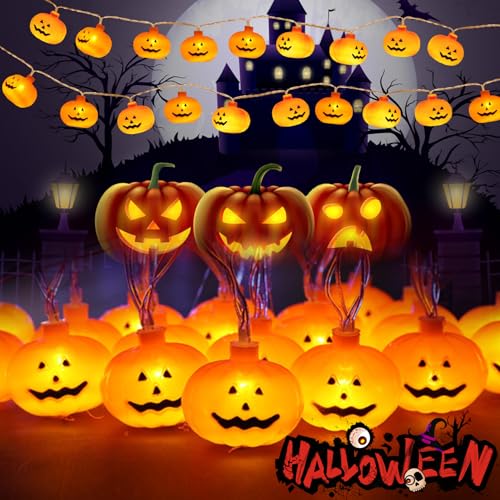 Halloween Lichterkette Kürbis, 3m Warmweiß Kürbis Lichter Schnur 20 LED Kürbis Deko Licht, 3D Kürbisse Deko Licht mit 2 Modi Halloween LED Lichter Deko für Halloween Party Häuseral Gärten Hof von TTCOTOKE