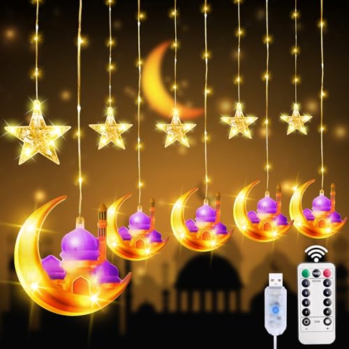 LED Ramadan Lichterkette, Muslim Eid Lichter, 120 LEDs Mond Ramadan Lichterkette, 3m Sterne Mond und Schloss Ramadan Deko Licht mit 8 Blinkenden Modi&Fernbedienung für Ramadan Deko Innen Außen Garten von TTCOTOKE