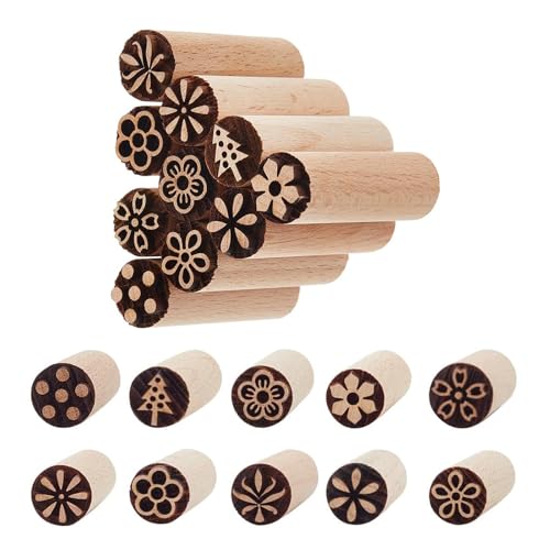 10 Teiliges Holzstempel Set Keramik DIY Handgeschnitzte Töpferwerkzeuge mit Blumen Und Geometrischen Mustern Stempel Ideal für Ton, Teig, Kekse (Stempel klein)​ von TTIAYAO