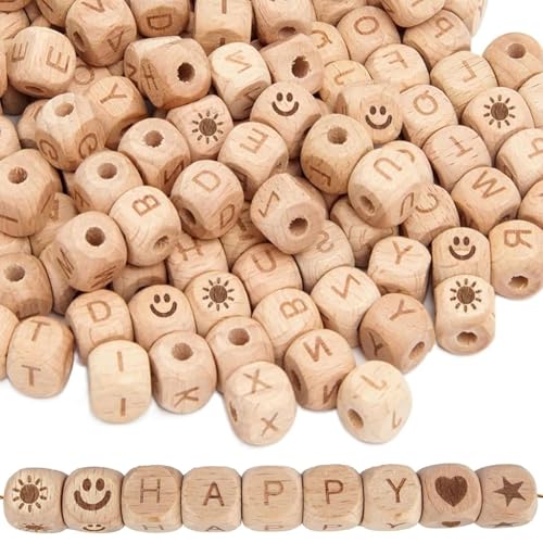 120 Stück Holzbuchstaben Perlen A-Z Buchstabenperlen aus Holz DIY Set für Armbänder, Halsketten und Schlüsselanhänger Inkl Sternen, Herzen und Sonne und Smileys Holzperlen zum Auffädeln(12mm) von TTIAYAO