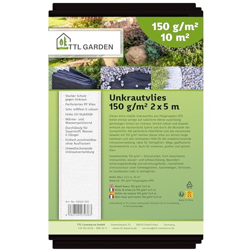 TTL Garden 150g/m² Unkrautvlies 10m² 2m x 5m - wasserdurchlässig & extra reißfest 5 x 2m breit Gartenvlies - UV-stabile Wurzelsperre Mulchvlies Garten Vlies Folie gegen Unkraut TTL Garden 150g/m² Unkrautvlies 10m² 2m x 5m - wasserdurchlässig & extra reißfest 5 x 2m breit Gartenvlies - UV-stabile Wurzelsperre Mulchvlies Garten Vlies Folie gegen Unkraut von TTL Commerce