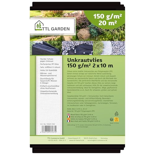 TTL Garden 150g/m² Unkrautvlies 20m² 2m x 10m - wasserdurchlässig & extra reißfest 10x 2m breit Gartenvlies - UV-stabile Wurzelsperre Mulchvlies Garten Vlies Folie gegen Unkraut TTL Garden 150g/m² Unkrautvlies 20m² 2m x 10m - wasserdurchlässig & extra reißfest 10x 2m breit Gartenvlies - UV-stabile Wurzelsperre Mulchvlies Garten Vlies Folie gegen Unkraut von TTL Commerce