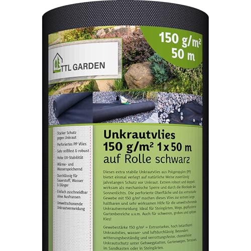 TTL Garden 150g/m² Unkrautvlies 50m² 1x50m Rolle - wasserdurchlässig & extra reißfest 50 x 1m breit Gartenvlies auf Rolle - UV-stabile Wurzelsperre Mulchvlies Garten Vlies Folie gegen Unkraut TTL Garden 150g/m² Unkrautvlies 50m² 1x50m Rolle - wasserdurchlässig & extra reißfest 50 x 1m breit Gartenvlies auf Rolle - UV-stabile Wurzelsperre Mulchvlies Garten Vlies Folie gegen Unkraut von TTL Commerce