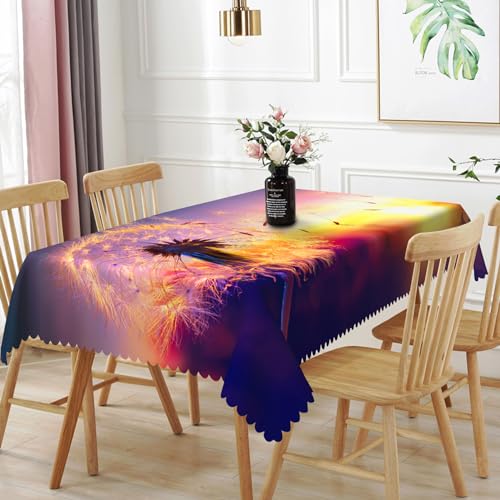TTQYFNM Rechteckige Tischdecke, Löwenzahnblüte, fliegende flauschige Blütenblätter auf Sonnenuntergang, dekorative Tischdecke, strapazierfähiges Polyestergewebe, Tischdecke für Zuhause, Küche von TTQYFNM