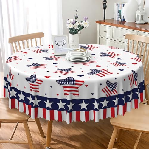 TTQYFNM Runde Tischdecke 4. Juli, Unabhängigkeitstag, 4. Juli, Sterne, patriotische Tischdecke, waschbar, auslaufsicher, Stoff-Tischdecke für drinnen und draußen, Küche, Esszimmer, Partyzubehör von TTQYFNM