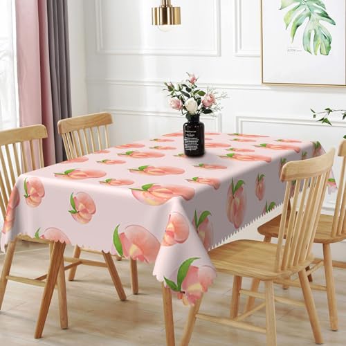 TTQYFNM Süße Pfirsich-Tischdecke, Sommer, süßer Pfirsich-Motiv, 152,4 x 213,4 cm, süßes rosa Pfirsich mit grünen Blättern, strapazierfähig, Polyester-Tischdecke für Esszimmer, Küche, Innen- und von TTQYFNM