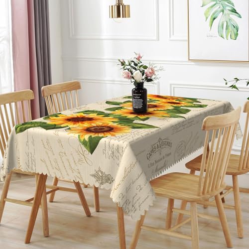 TTQYFNM Vintage-Sonnenblumen-Tischdecke, rustikal, gelbe Blume, grüne Blätter, bedruckt, auslaufsicher, waschbar, für Bauernhaus, Küche, Esszimmer, Picknick, Party-Dekoration, 137,2 x 218,4 cm von TTQYFNM