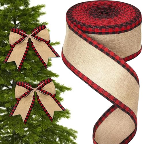 Weihnachten Juteband mit Draht, Breit Geschenkband zum Basteln, Sackleinen Band mit Rote und Schwarz Kariertes, Weihnacht Dekoband Verdrahtet für Geschenk Kranz Weihnachtsbaum (6.4cm, 10M) von TTSVECD
