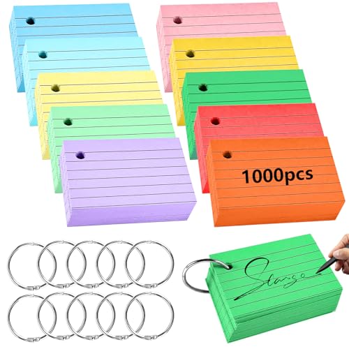 TTYSHIP® 1000 Stück A8 Karteikarten, Bunte Karteikarten A8 mit 10 Binderinge, 7,4x5,1cm Vokabelkarten Karteikarten für Büro Haus Schule Lernen (10 Farben) von TTYSHIP