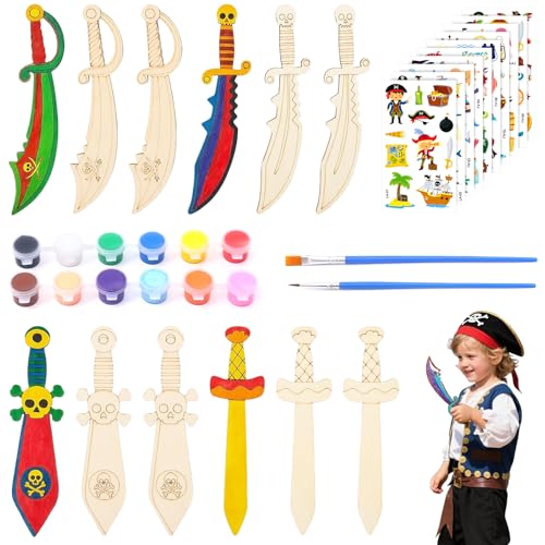 TTYSHIP® 12 Stück Piratenschwerter aus Holz, Holzschwert Kinder zum Bemalen mit 12 Acrylfarbe, 2 Malpinsel und 10 Aufkleber für Kindergeburtstag Piratenparty von TTYSHIP