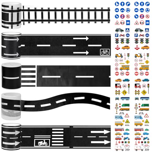 TTYSHIP® 5 Rollen Straßen Klebeband, 5cmx5m Klebeband Straße Kinder mit 12 Blatt Verkehrszeichen Aufkleber, Washi Tape Straße für Kinder Spielen und Lernen, DIY Handwerk von TTYSHIP