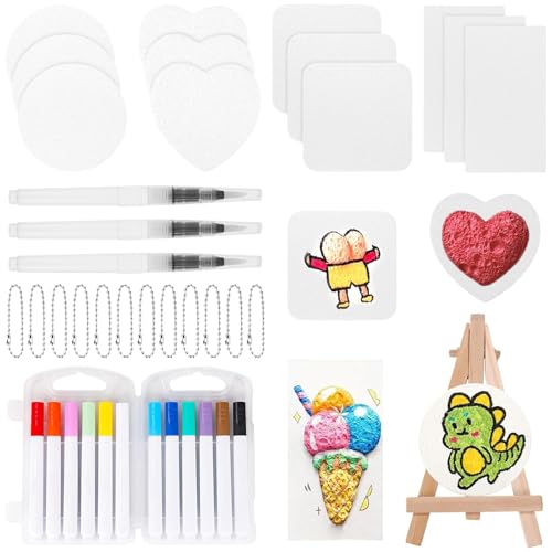 TTYSHIP® Magisches Textur-Malset, 12 Stk Schaummalpapier, 12 Farben Marker, 3 Wasserpinsel, 12 Perlenketten, 1 Mini Staffelei, Magisches Schwamm Malset 3D für Kreatives Zeichnen von TTYSHIP