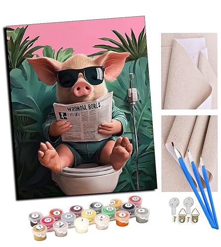 Malen nach Zahlen Kits Art für Erwachsene mit Pinsel und Acrylpigment DIY Digitale Leinwand für Erwachsene Anfänger-Schwein sitzt auf der Toilette und liest Zeitung 16 * 20 Zoll Mit Rahmen von TUDOUTU