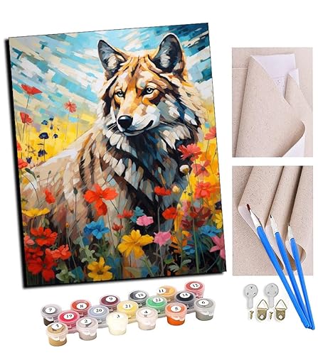 Malen nach Zahlen Kits für Erwachsene Gänseblümchen, Blumenfeld, Schmetterling und Wolf (12) mit Pinsel und Acrylpigment Diy Digitale Leinwand Malerei für Erwachsene Anfänger-16X20 Zoll Mit Rahmen von TUDOUTU