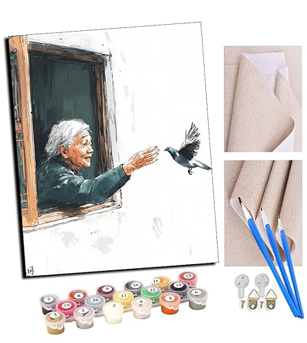 TUDOUTU DIY Malen nach Zahlen-Ölgemälde Geschenk für Erwachsene Der alte Mann und der Vogel Malen Nach Zahlen Kits Wohnzimmer Schlafzimmer Wanddekoration 16 * 20inch(Mit Rahmen) von TUDOUTU