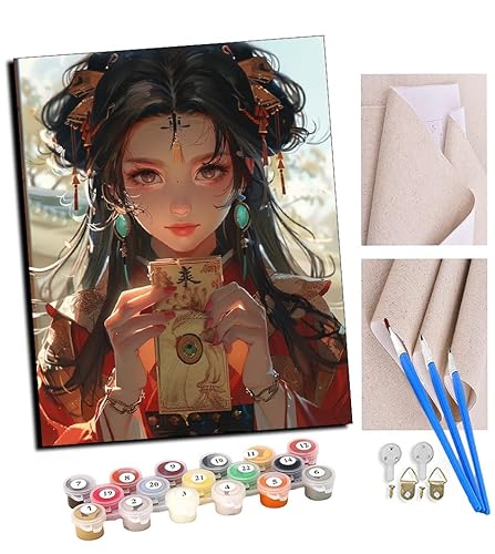 TUDOUTU DIY Malen nach Zahlen-Ölgemälde Geschenk für Erwachsene Japanisches Mädchen mit einem Talisman (3) Malen Nach Zahlen Kits Wohnzimmer Schlafzimmer Wanddekoration 16 * 20inch(Mit Rahmen) von TUDOUTU