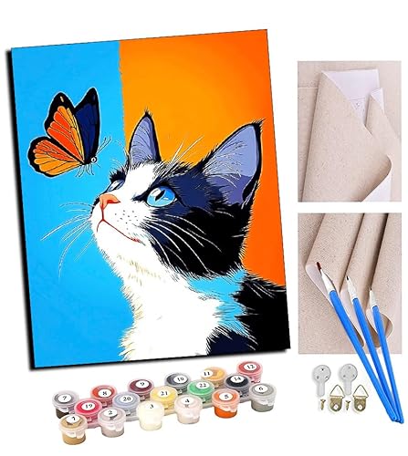 TUDOUTU DIY Malen nach Zahlen-Ölgemälde Geschenk für Erwachsene Katze und Schmetterling Malen Nach Zahlen Kits Wohnzimmer Schlafzimmer Wanddekoration 16 * 20inch(Mit Rahmen) von TUDOUTU