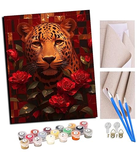 TUDOUTU DIY Malen nach Zahlen-Ölgemälde Geschenk für Erwachsene Leopard Shadow Rose Malen Nach Zahlen Kits Wohnzimmer Schlafzimmer Wanddekoration 16 * 20inch(Mit Rahmen) von TUDOUTU