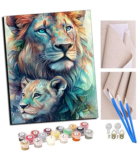 TUDOUTU DIY Malen nach Zahlen-Ölgemälde Geschenk für Erwachsene Löwe und Löwenjunges Malen Nach Zahlen Kits Wohnzimmer Schlafzimmer Wanddekoration 16 * 20inch(Mit Rahmen) von TUDOUTU