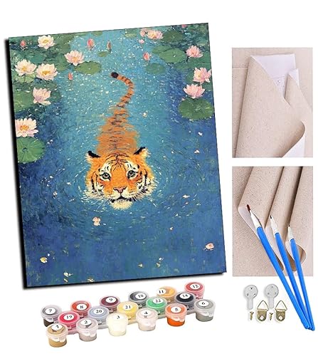 TUDOUTU DIY Malen nach Zahlen-Ölgemälde Geschenk für Erwachsene Tiger im Wasser Malen Nach Zahlen Kits Wohnzimmer Schlafzimmer Wanddekoration 16 * 20inch(Mit Rahmen) von TUDOUTU