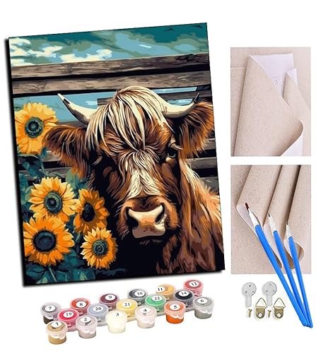 TUDOUTU DIY Malen nach Zahlen für Erwachsene Anfänger Leinen Leinwand Acryl Anzahl Malerei Geschenke Farm Highland Cattle Sonnenblume (2) Wandkunst Home Decoration 40x50cm Mit Rahmen von TUDOUTU
