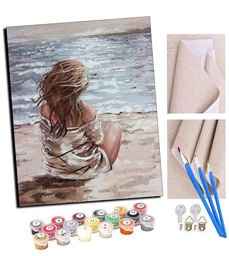 TUDOUTU Malen nach Zahlen Kits Art für Erwachsene mit Pinsel und Acrylpigment DIY Digitale Leinwand für Erwachsene Anfänger-Abstraktes Mädchen Meer 16 * 20 Zoll Mit Rahmen von TUDOUTU