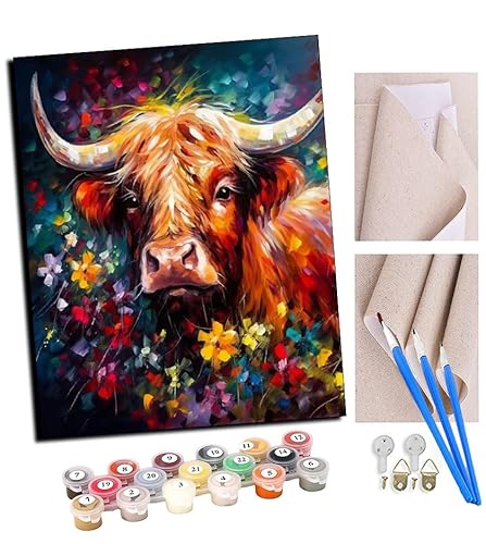 TUDOUTU Malen nach Zahlen Kits Art für Erwachsene mit Pinsel und Acrylpigment DIY Digitale Leinwand für Erwachsene Anfänger-Buntes Gänseblümchen-Hochlandrind (10) 16 * 20 Zoll Mit Rahmen von TUDOUTU