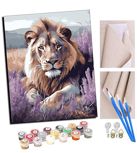 TUDOUTU Malen nach Zahlen Kits Art für Erwachsene mit Pinsel und Acrylpigment DIY Digitale Leinwand für Erwachsene Anfänger-Löwen-Lavendelfeld (5) 16 * 20 Zoll Mit Rahmen von TUDOUTU