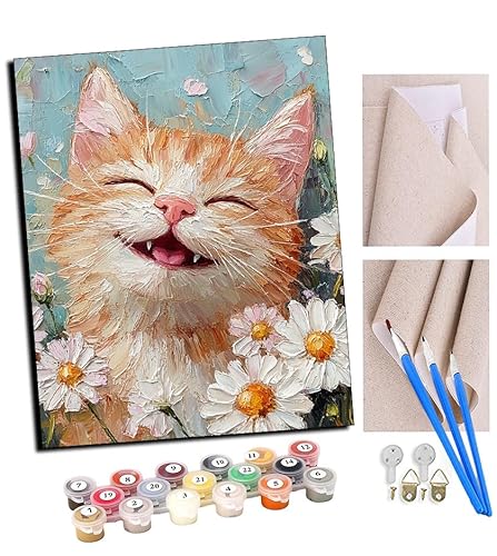 TUDOUTU Malen nach Zahlen Kits Art für Erwachsene mit Pinsel und Acrylpigment DIY Digitale Leinwand für Erwachsene Anfänger-Süßes Kätzchen und Gänseblümchen (2) 16 * 20 Zoll Mit Rahmen von TUDOUTU