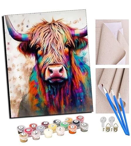 TUDOUTU Malen nach Zahlen Kits Bunte Hochlandrinderkunst (5) DIY vorgedruckte Leinwand Ölgemälde Geschenk für Erwachsene Kinder Home House Decor 40 * 50 cm Mit Rahmen von TUDOUTU