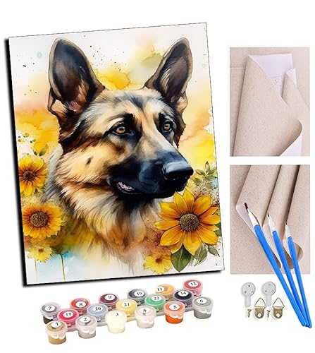 TUDOUTU Malen nach Zahlen Kits Kunst Deutscher Schäferhund Sonnenblumen bunt (10) DIY vorgedruckte Leinwand Ölgemälde Geschenk für Erwachsene Kinder Home House Decor 40 * 50 cm Mit Rahmen von TUDOUTU
