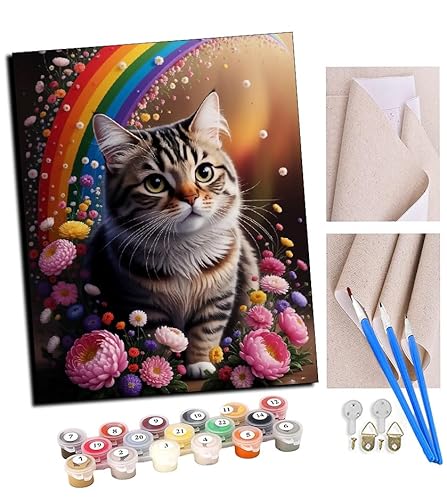 TUDOUTU Malen nach Zahlen Kits Kunst Regenbogenblumenkatze DIY vorgedruckte Leinwand Ölgemälde Geschenk für Erwachsene Kinder Home House Decor 40 * 50 cm Mit Rahmen von TUDOUTU