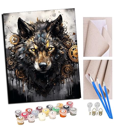 TUDOUTU Malen nach Zahlen Kits Kunst schwarzgoldener Wolf und Rose, Steampunk (8) DIY vorgedruckte Leinwand Ölgemälde Geschenk für Erwachsene Kinder Home House Decor 40 * 50 cm Mit Rahmen von TUDOUTU