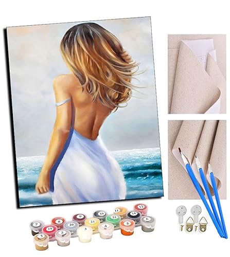 TUDOUTU Malen nach Zahlen Kits für Erwachsene Blondes Mädchen am Strand mit Pinsel und Acrylpigment Diy Digitale Leinwand Malerei für Erwachsene Anfänger-16X20 Zoll Mit Rahmen von TUDOUTU