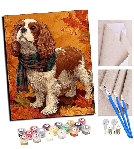 TUDOUTU Malen nach Zahlen Kits für Erwachsene Cavalier King Charles Spaniel Welpe im Herbstlaub DIY Ölgemälde Digitale Leinwand Wandkunst Home Decoration - 40x50CM Mit Rahmen von TUDOUTU