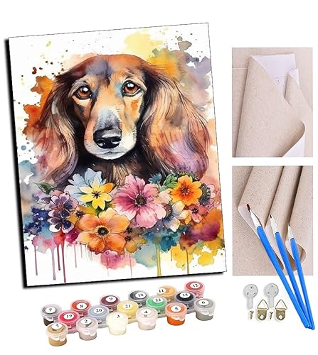 TUDOUTU Malen nach Zahlen Kits für Erwachsene Langhaardackel Blumen (12) mit Pinsel und Acrylpigment Diy Digitale Leinwand Malerei für Erwachsene Anfänger-16X20 Zoll Mit Rahmen von TUDOUTU