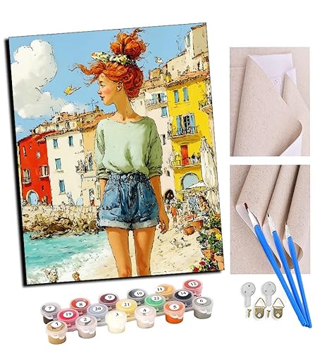 TUDOUTU Malen nach Zahlen Kits für Erwachsene Mediterraner Mädchensommer mit Pinsel und Acrylpigment Diy Digitale Leinwand Malerei für Erwachsene Anfänger-16X20 Zoll Mit Rahmen von TUDOUTU