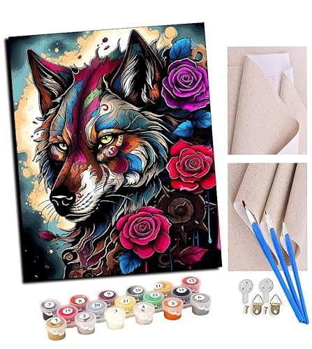 TUDOUTU Malen nach Zahlen Kits für Erwachsene bunte rote Wolfsrose, Steampunk (13) mit Pinsel und Acrylpigment Diy Digitale Leinwand Malerei für Erwachsene Anfänger-16X20 Zoll Mit Rahmen von TUDOUTU