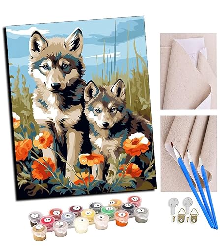 TUDOUTU Malen nach Zahlen Wolf im Blumenfeld (10) Für Erwachsene und DIY Ölgemälde Geschenk-Kits Vorgedruckte Leinwand Kunst Home Decoration 16x20 Zoll Mit Rahmen von TUDOUTU
