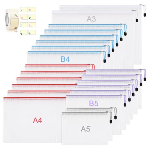 22 Stück Dokumententasche A3+B4+A4+B5+A5 Datei Taschen mit Reißverschluss, Wasserdichte Dokumententasche, Mesh Beutel mit Reißverschluss für Datei, Papier, Kosmetika-mit Haftnotizen von TUFA