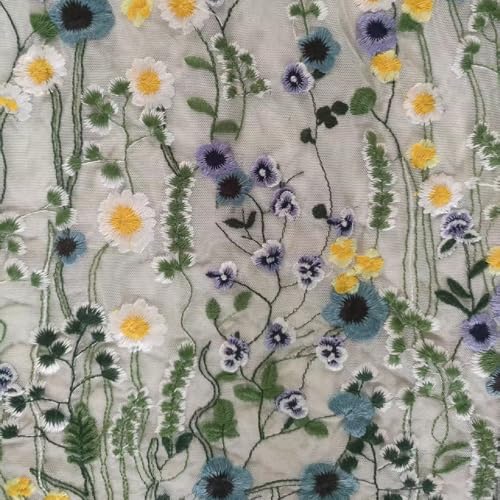 Spitzenbesatz, 60 cm, extra breit, weiß, bestickt, bunte Blumen, Spitzenstoff, Teil des Kleides, Heimparty, zum Aufnähen auf Applikationen, für DIY-Dekoration (weiß, 1 Jahr) (weißes Netzgewebe von TUIUSTU