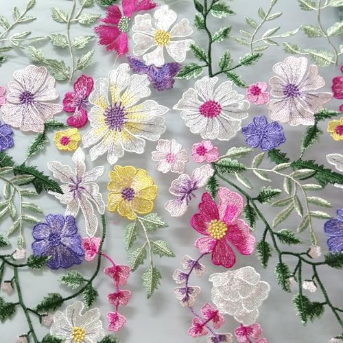 Spitzenbesatz, extra breit, weiß, bestickt, bunt, Blumen, Spitzenstoff, Teil des Kleides, Heimparty, zum Aufnähen, für DIY-Dekoration, 65 cm, Weiß, 1 m von TUIUSTU