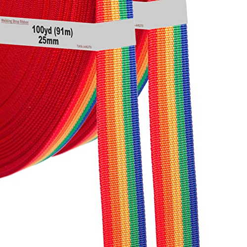 182 Meter x 25mm PP Gurtband - 1,1mm Stark - Regenbogen Gurtband aus Polypropylen - 182 Meter (200YD = 2x100YD) Länge und 25 mm Breite, 5 Farben, TKB5073-2X von TUKA-i-AKUT