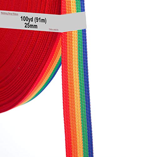 91 Meter x 25mm PP Gurtband - 1,1mm Stark - Regenbogen Gurtband aus Polypropylen - 91 Meter (100YD) Länge und 25 mm Breite, 5 Farben, TKB5073 von TUKA-i-AKUT